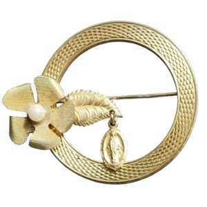 Vintage Goldtone Mesh Flower Brooch with Faux Pearl & Religious Charm